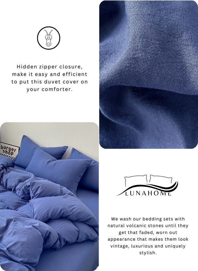 LUNA Home Queen Size 6 Pieces set ( 1 Duvet cover - 200*230cm. 1 Flat sheet - 230*250cm. 4 Pillow covers - 50*75cm.). Bedding Set Without Filling, Super Soft, Wrinkle-Resistant, Washable Cotton Fabric, Blue Color. - Image 5